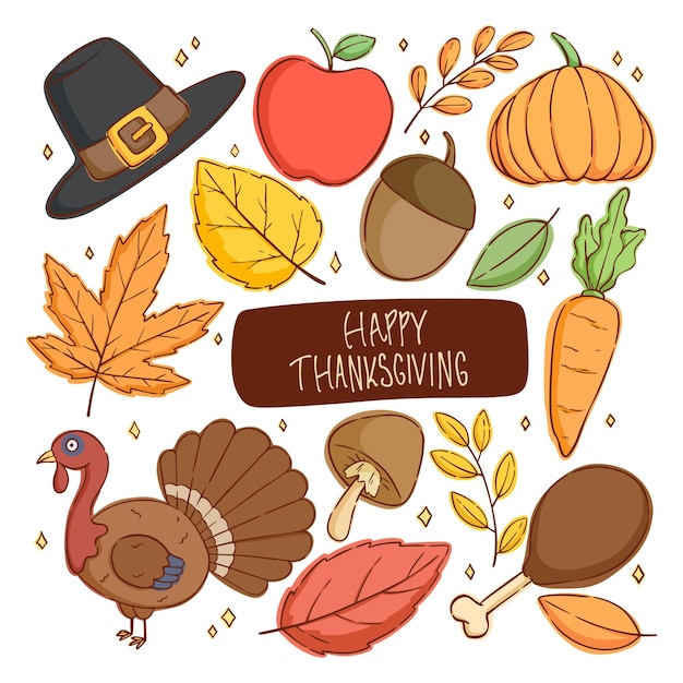 Vector set of thanksgiving icons or elements with colorful doodle style