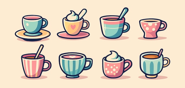 Set thee- of koffiekopjes Schattig servies met handvat voor drank Kleurige mokken met dranken