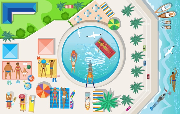 Vector set on theme beach recreation tourism summer vacation on sea