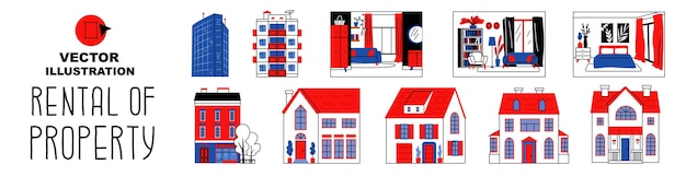 Vettore set sul tema delle proprietà in affitto diversi tipi di appartamenti case e edifici investimenti immobiliari illustrazione vettoriale isolata su sfondo bianco