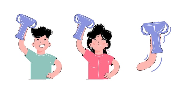 Set on the theme of victory A girl and a boy are holding a cup in their hands