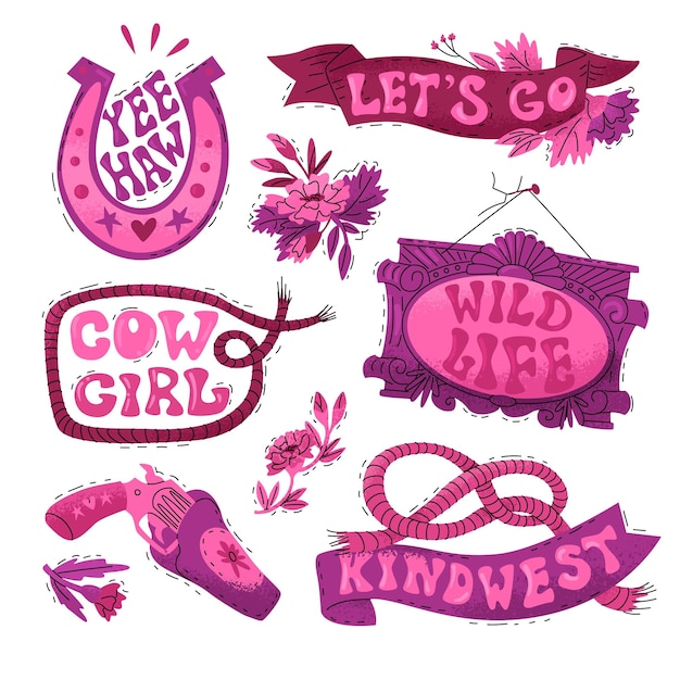 Vector set on the theme of women in the wild west bright pink shades and fashionable style barbiecore and lettering vector illustration isolated on a dark background motivational phrases in english