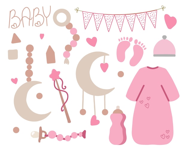 Vector set for a themed holiday of a newborn girl baby care feeding clothes toys accessories