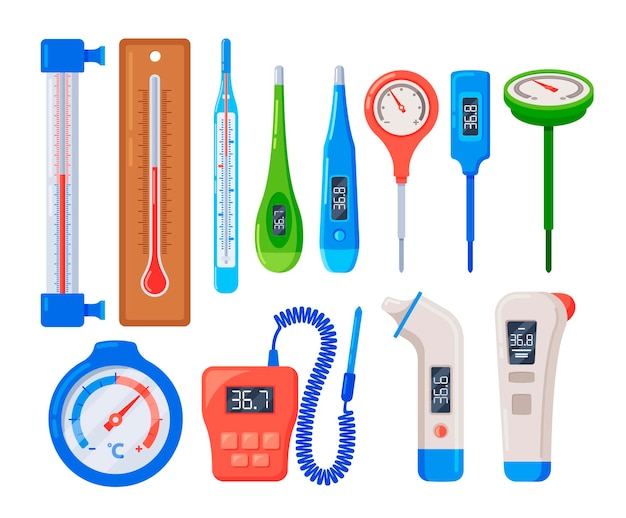Vettore il set di tipi di termometro include vetro al mercurio digitale bimetallico e articoli culinari per la casa e medici