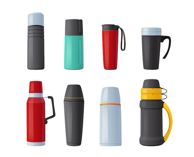 Vector set of thermos, vacuum flask, tumblers, mugs or bottles for drink keep hot