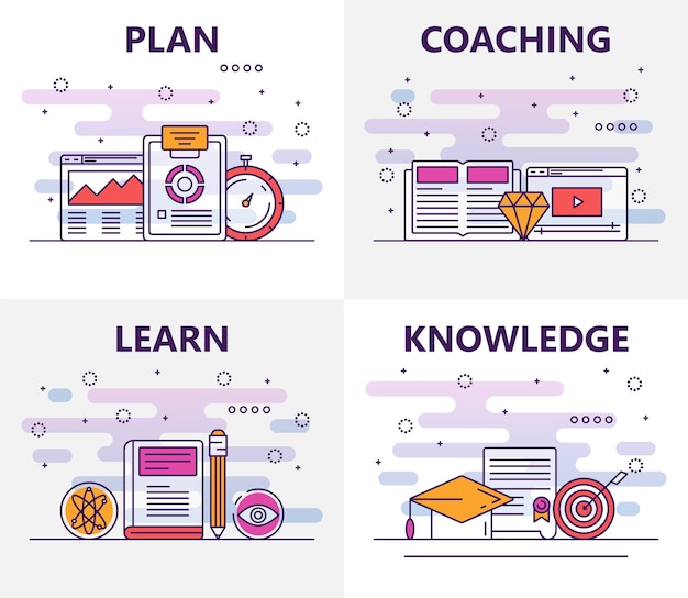 набор тонкой линии плоский дизайн концепции обучения