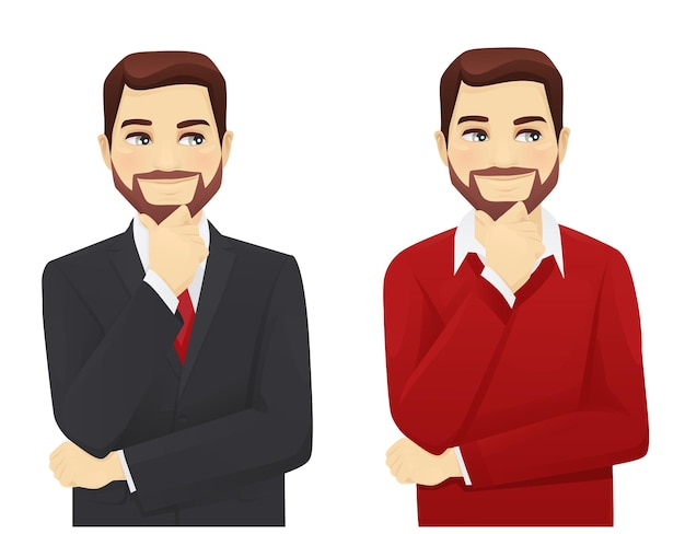 Vector set of thoughtful business man in different style clothes isolated