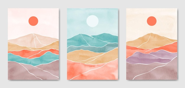 Set of three abstract aesthetic mid century modern colorful landscape