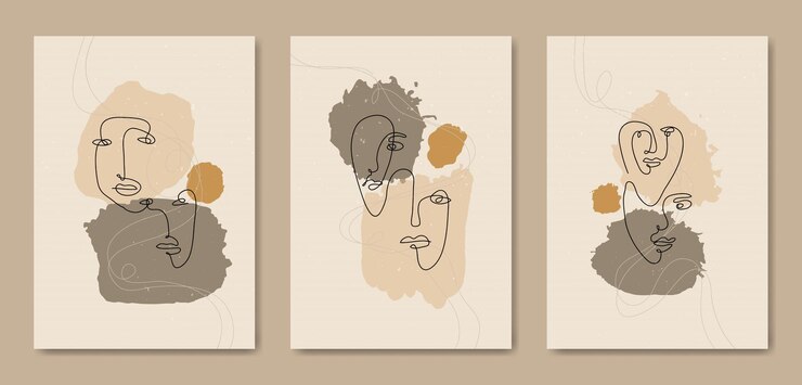 Vector set of three abstract aesthetic mid century modern line art face contemporary boho poster cover template.
