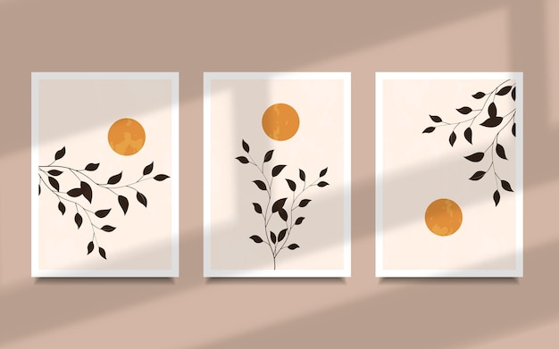 set of three abstract contemporary modern sun and leaves boho poster wall art decoration