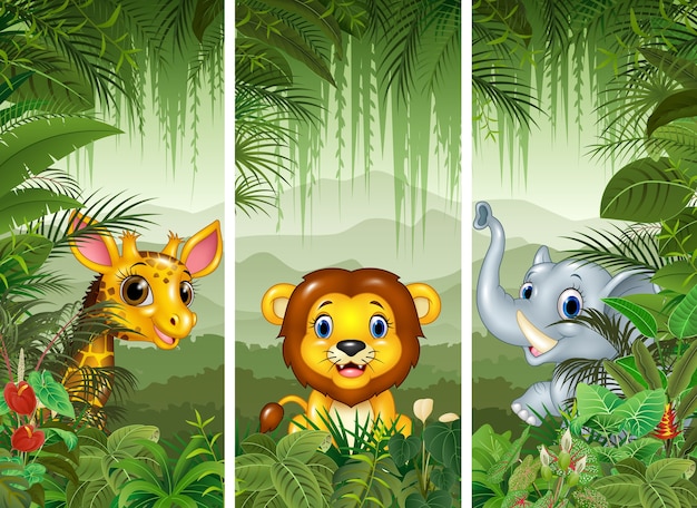 Vector set of three african animals with tropical forest background