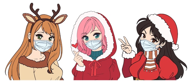 Premium Vector | Set of three anime girls wearing medical mask and christmas costume. Premium Vector | Set of three anime girls wearing medical mask and christmas costume.