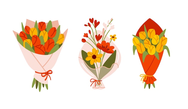 set of three beautiful bouquets featuring tulips roses and other flowers perfect for floraltheme