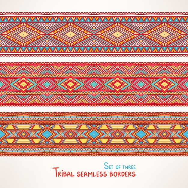 Set of three beautiful tribal seamless borders with triangles and rhombuses