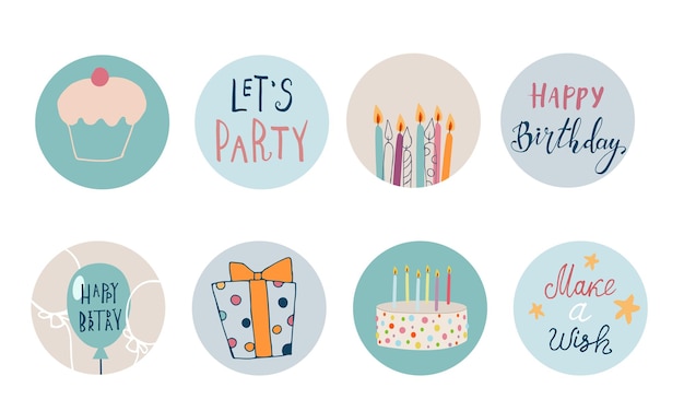 Set of three Birthday favor tags vector design with illustrations and text Happy Birthday gift