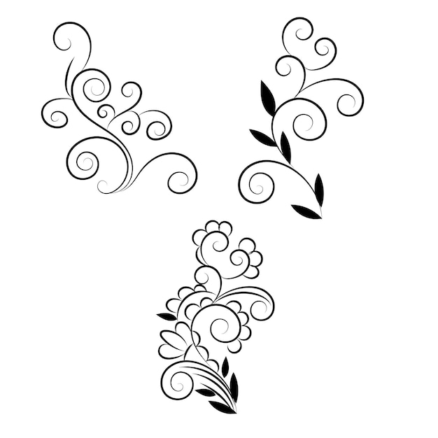 A set of three black and white floral designs.