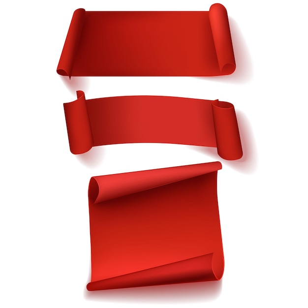 The set of three blank red realistic paper banners. Vector illustration.