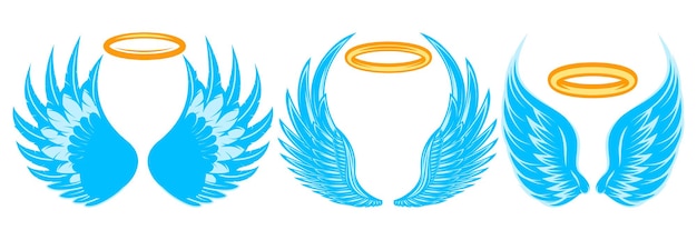 Set of three blue angel wings with halo Color vector illustration