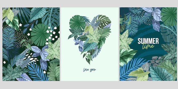 Vector set of three cards with green tropical leaves