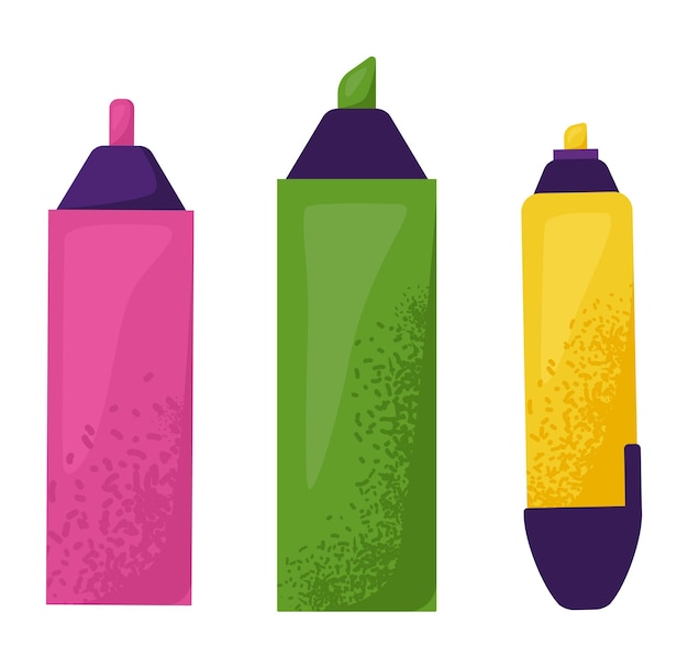 Vector set three colorful highlighter pens pink green yellow caps school supplies stationery vector