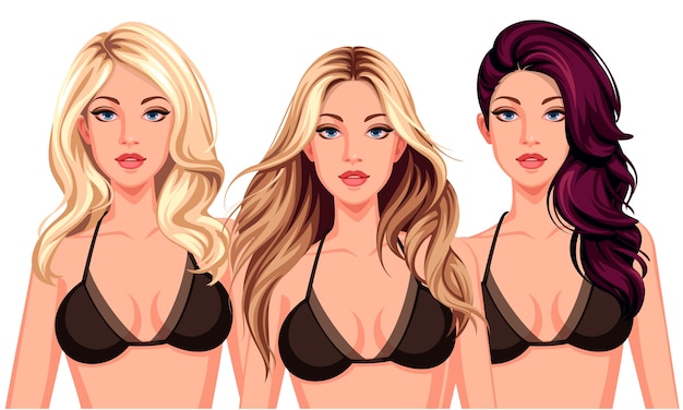 Vector set of three cool hairstyles with beautiful models