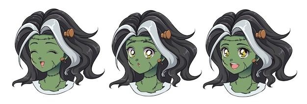 Set di tre simpatici anime zombie ragazza ritratto. espressioni diverse. disegnato a mano in stile anime