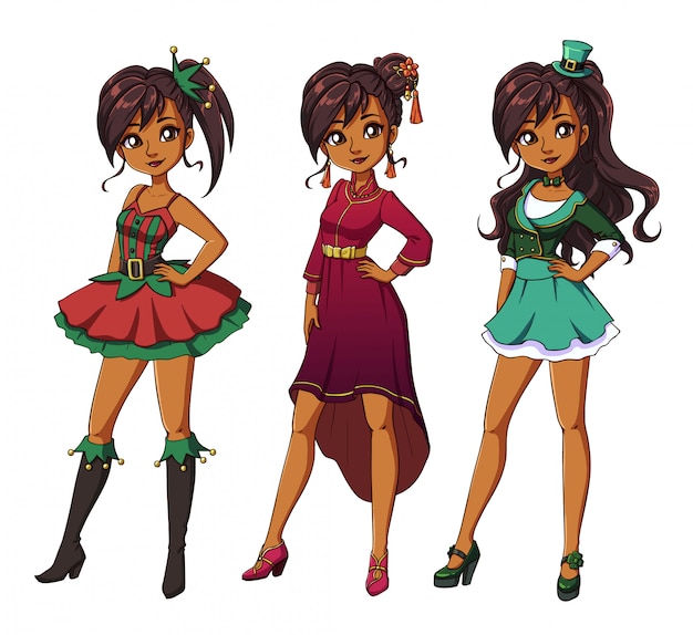 Set di tre ragazze carine bruna con tagli e vestiti di celebrazione. illustrazione disegnata a mano del fumetto