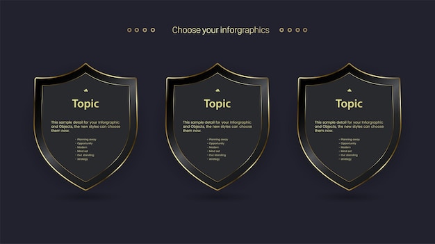 Set of three dark and golden infographic place on dark background, three premium banner vector.