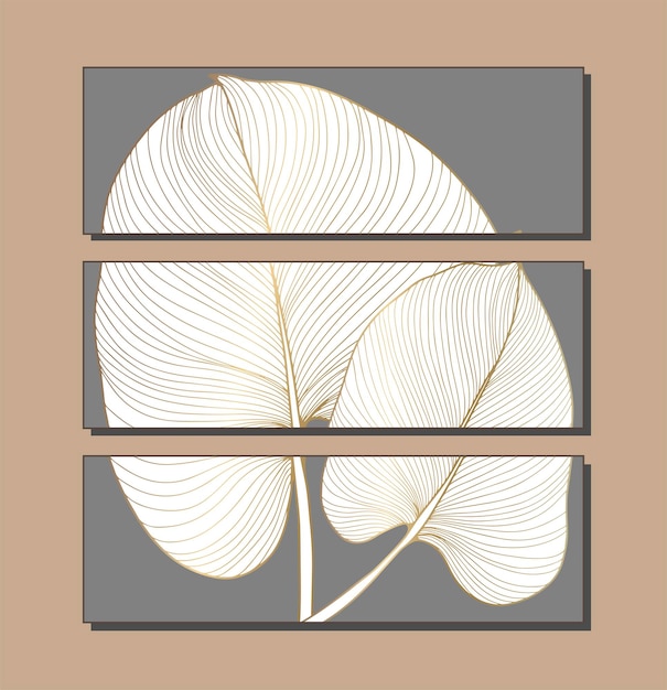 a set of three dark gray paintings with delicate gold flowers