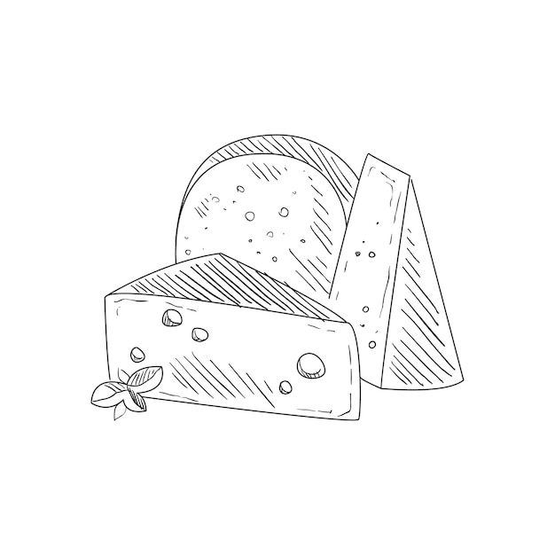 Set of three different cheeses hand drawn realistic sketch