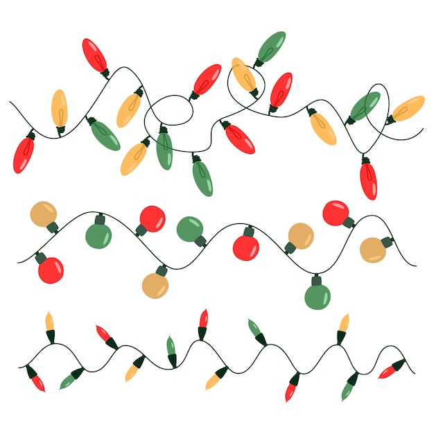 Vettore set di tre diverse luci a stringa di vacanza in stile piatto e colorato