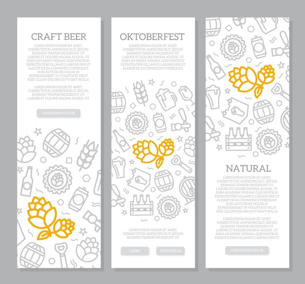 set of three digital beer pub and bar vertical banners with icon pattern vector illustration