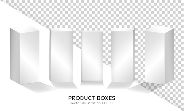 Set of three dimensional white boxes in front and isometric view. Mockup of rectangular containers