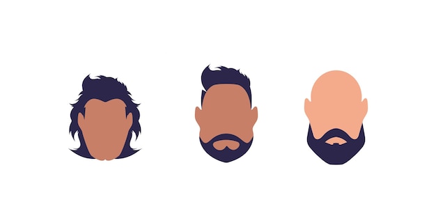 A set of three faces of men of different types and nationalities Isolated Cartoon style