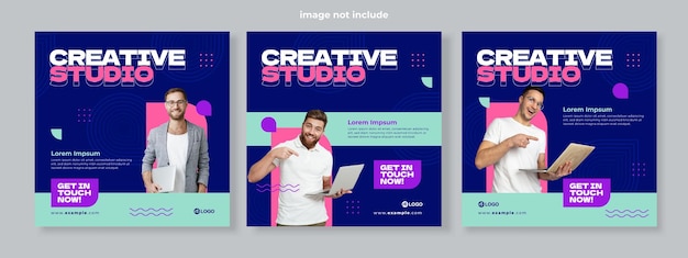 Vettore set di tre sfondi geometrici del banner di promozione dello studio creativo modello di pacchetto di social media premium vector