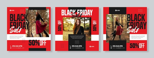 Set of three geometric banner of black friday sale social media pack template