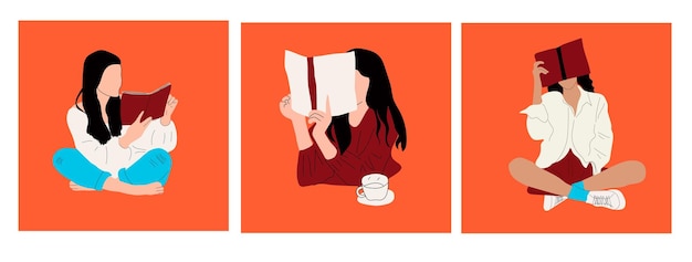 Set of three Girls that are reading Books while standing. Young women. Read more books concept.