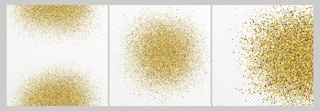 Set of three gold glitter confetti backdrops isolated on white transparent backgrounds celebratory texture with shining light effect vector illustration