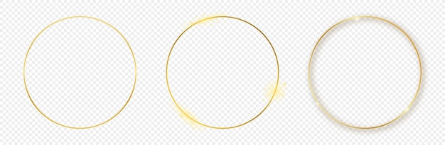 Set of three gold glowing circle frames isolated on transparent background Shiny frame with glowing effects Vector illustration