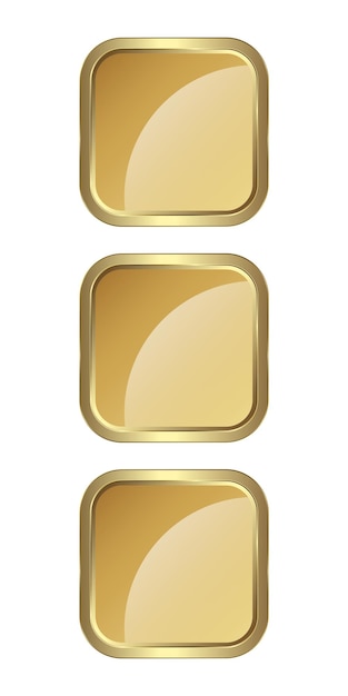 Vector set of three gold rectangle buttons isolated on white background and three luxury gold icon