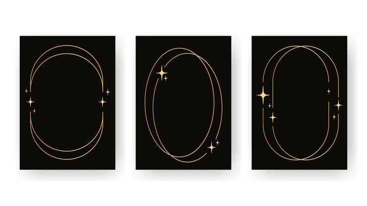 Vector set of three golden frames with stars on black background