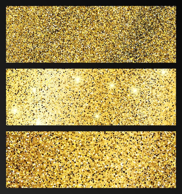 Set of three golden glittering backgrounds with gold sparkles and glitter effect. banner design. empty space for your text.  vector illustration