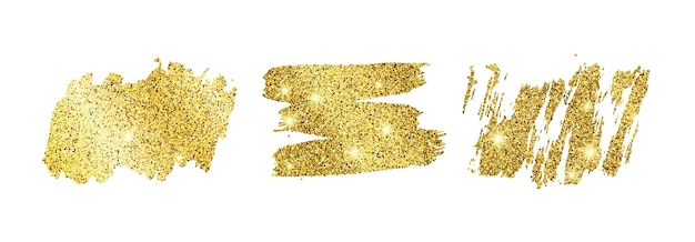 Набор из трех золотых блестящих мазков на белом фоне Фон с золотыми блестками и эффектом блеска Пустое место для текста Векторная иллюстрация