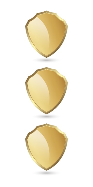 Vector set of three golden secured icons symbols and 3 defence shapes button on isolated background