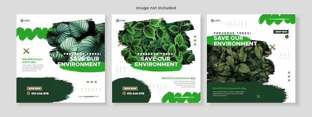 Set di tre sfondi grunge della giornata mondiale dell'ambiente della natura banner promozione social media pack template premium vector