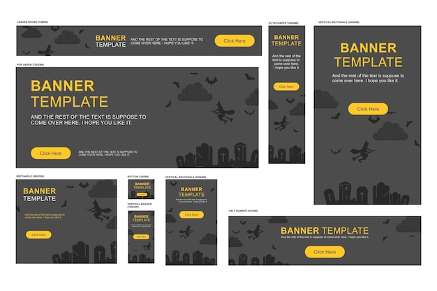 Vector set of three halloween banners with pumpkins, spiders and dark castle on cemetery