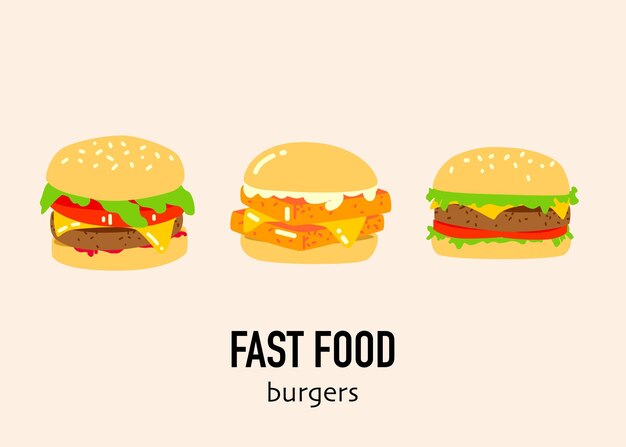 A set of three hamburgers with the words fast food on them.