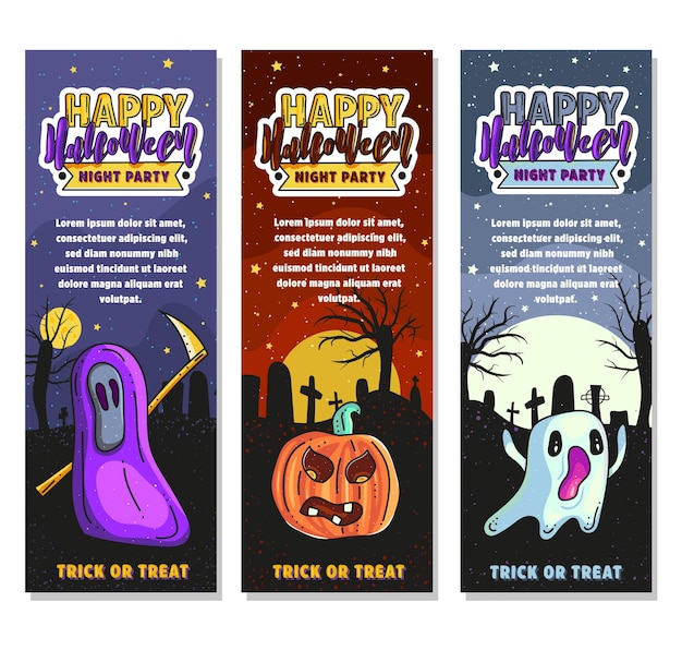 Set of three happy Halloween banners with ghost pumpkin and death with a scythe