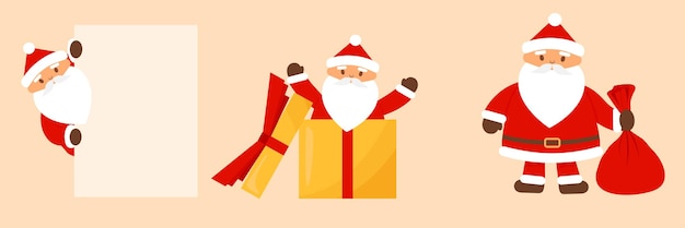 Set of three happy Santa Claus isolated. Santa Claus with paper, yellow box and red bag. Vector illu