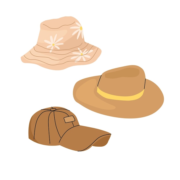 Set of three hats Summer panama with floral patterns widebrimmed felt hat pink cap The concept of protecting the traveler's head from sunstroke Vector illustration isolated on white background